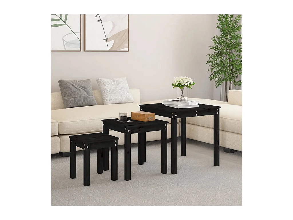 Tables gigognes 3 pcs Noir Bois de pin massif