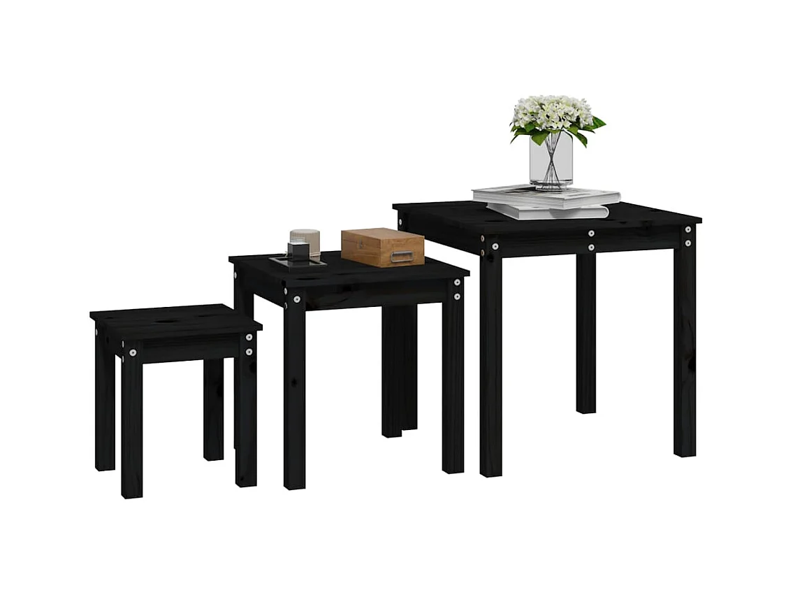 Tables gigognes 3 pcs Noir Bois de pin massif