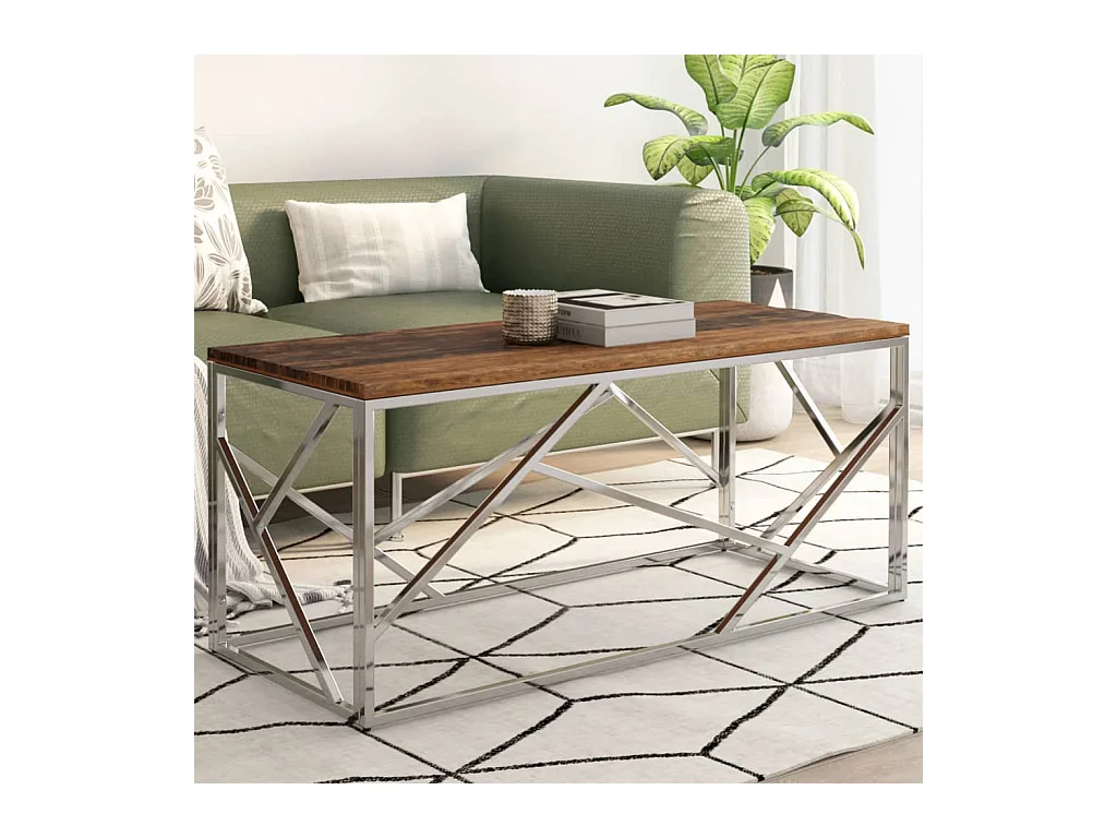 Table basse argenté inox et bois de mélèze massif