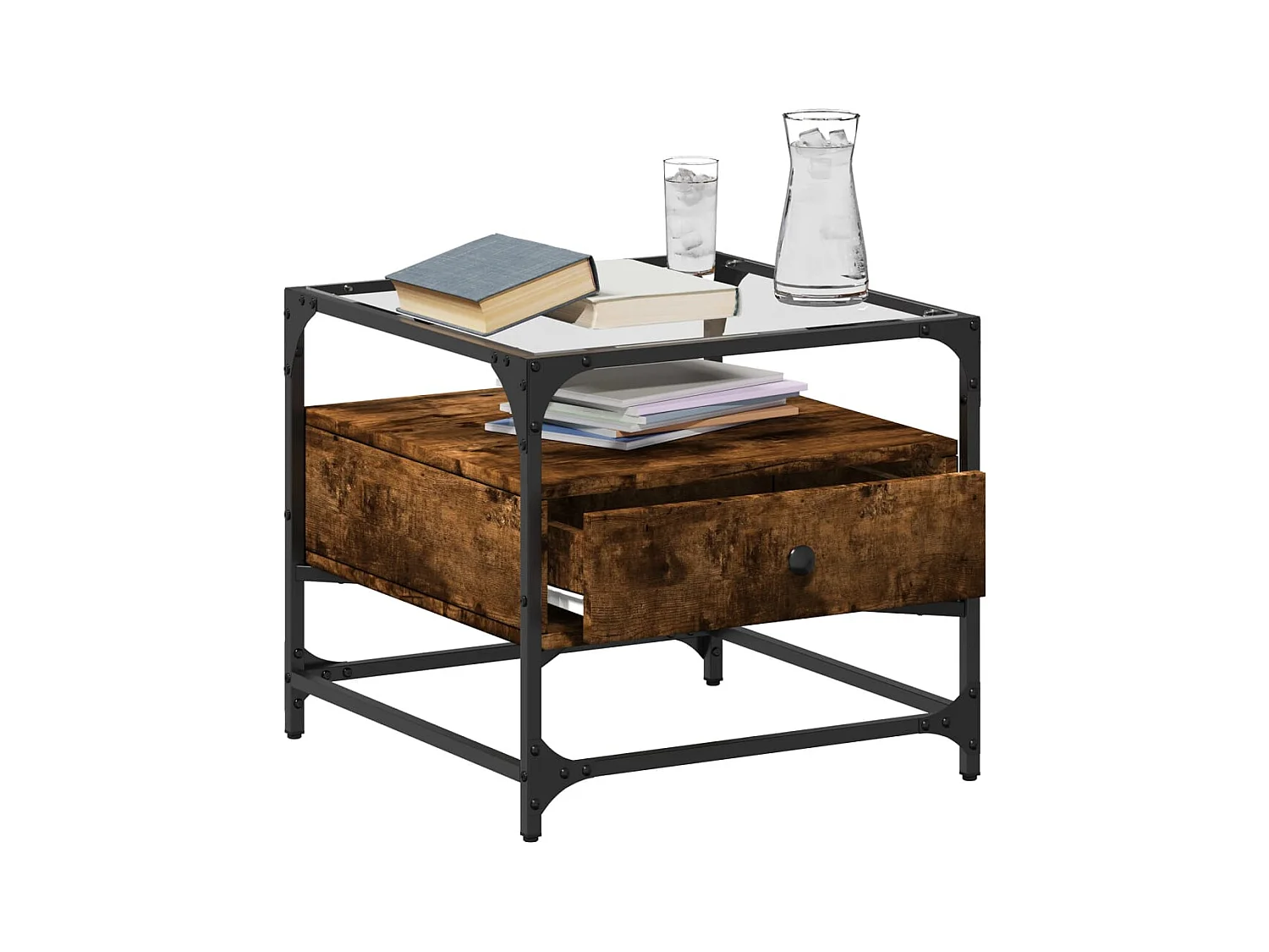 Mesa de centro con tapa de cristal de roble ahumado 50x50x45 cm acero