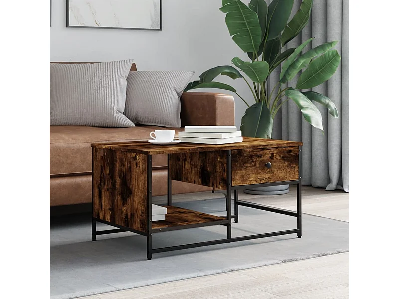 Gerookte eiken salontafel 85,5x51x45 cm bewerkt hout