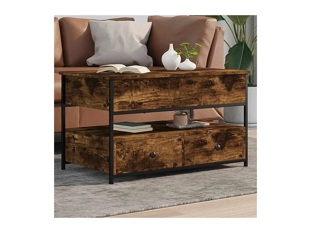 Gerookte eiken salontafel 85x50x50 cm bewerkt hout en metaal