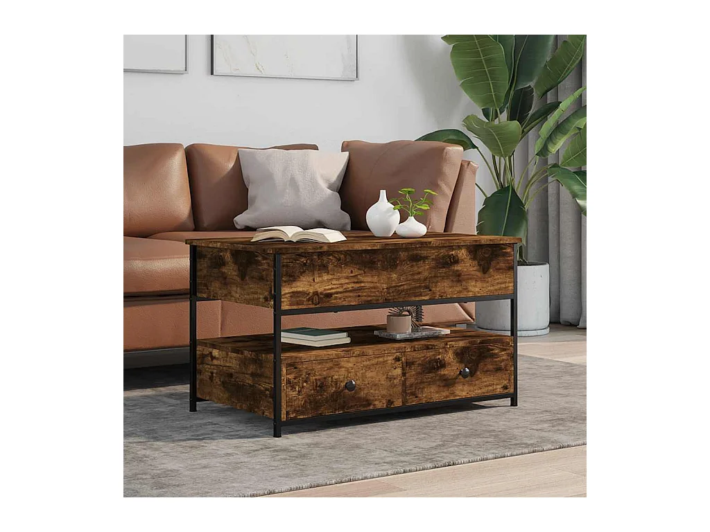 Gerookte eiken salontafel 85x50x50 cm bewerkt hout en metaal