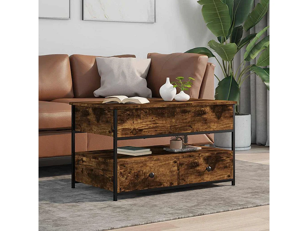 Gerookte eiken salontafel 85x50x50 cm bewerkt hout en metaal