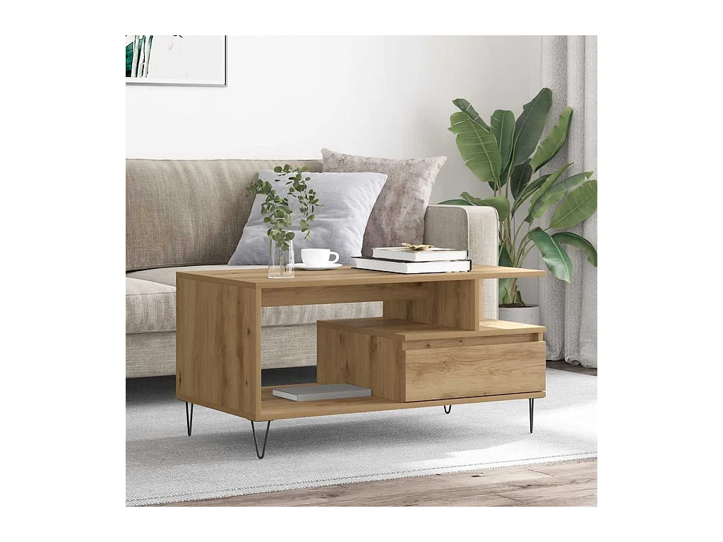 Table basse chêne artisanal 90x49x45 cm bois d'ingénierie