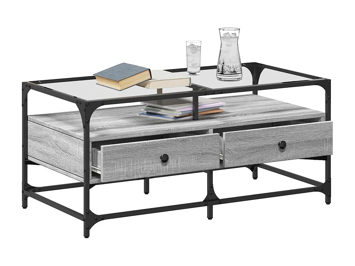 Tavolino con piano in vetro grigio Sonoma 98,5x50x45cm in acciaio