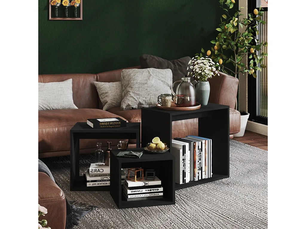 3-teiliges Satztisch-Set, schwarze Spanplatte