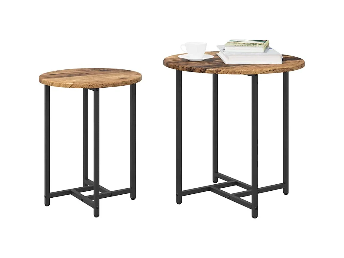 2-delige bijzettafelset in antiek hout en zwart