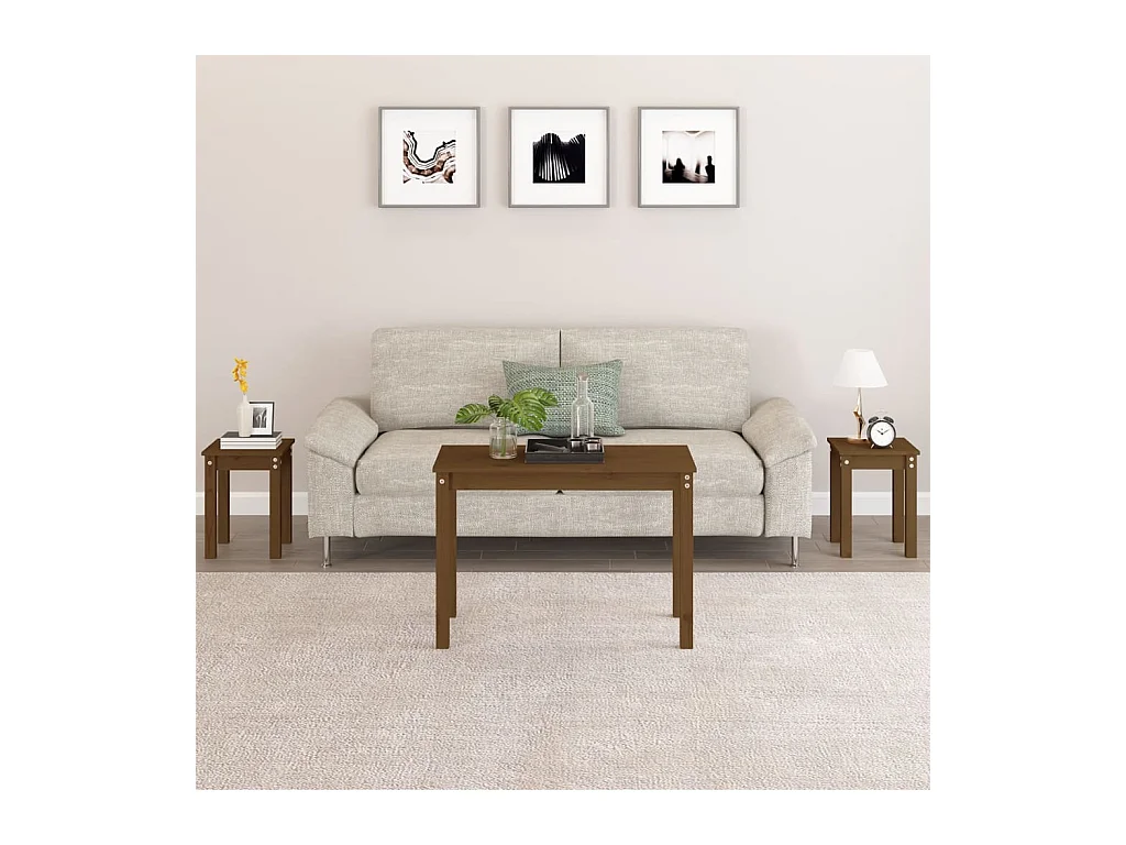 Tavolini impilabili 3 pezzi in legno massello di pino color miele