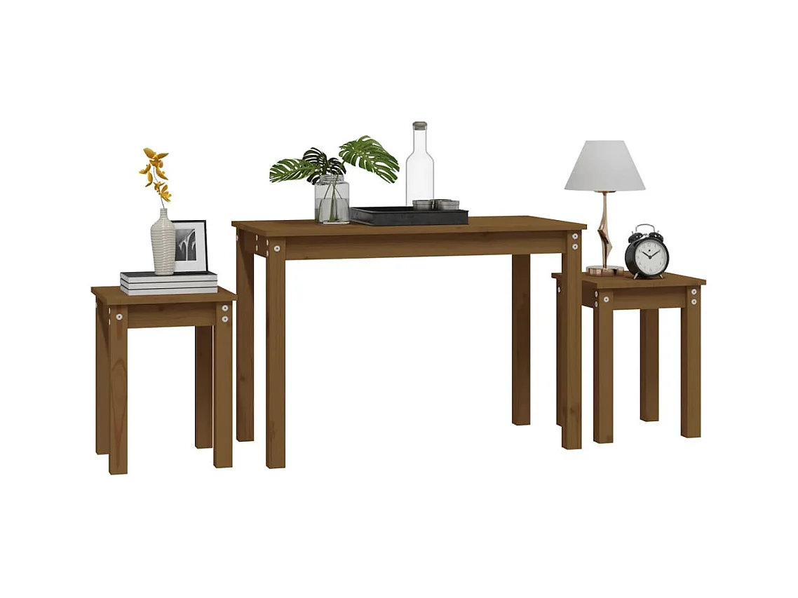 Tavolini impilabili 3 pezzi in legno massello di pino color miele