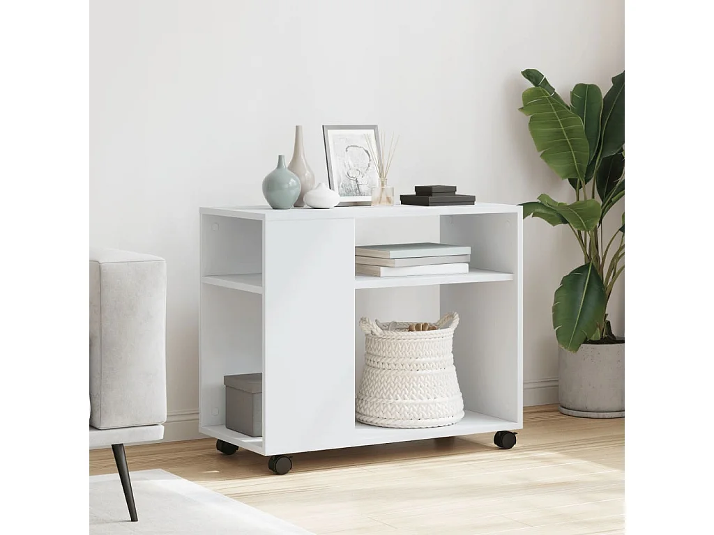 Mesa auxiliar con ruedas blanca 70x35x60 cm madera de ingeniería