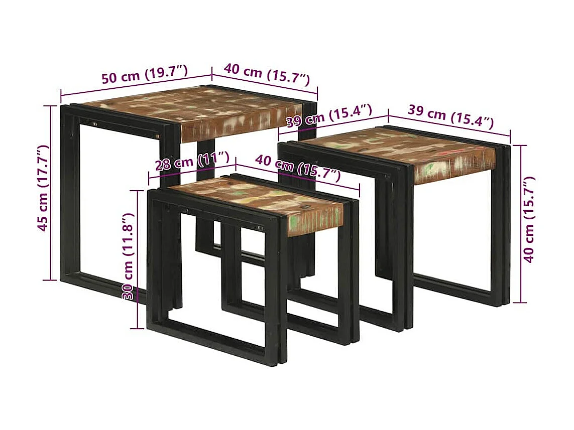 Tavolini impilabili da 3 pezzi, in legno massello di recupero