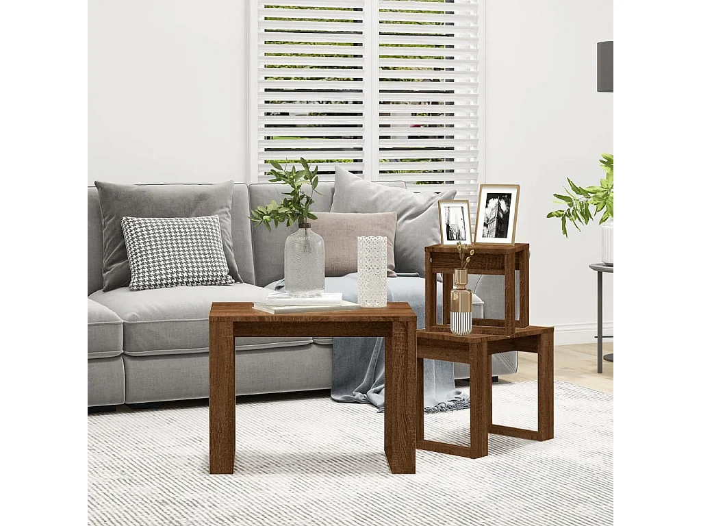 Tavolini impilabili 3 pezzi in legno ingegnerizzato color rovere marrone