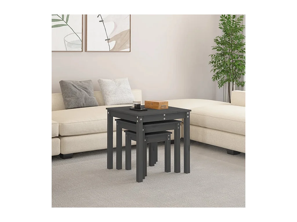 Tavolini impilabili 3 pezzi Grigio Legno massello di pino