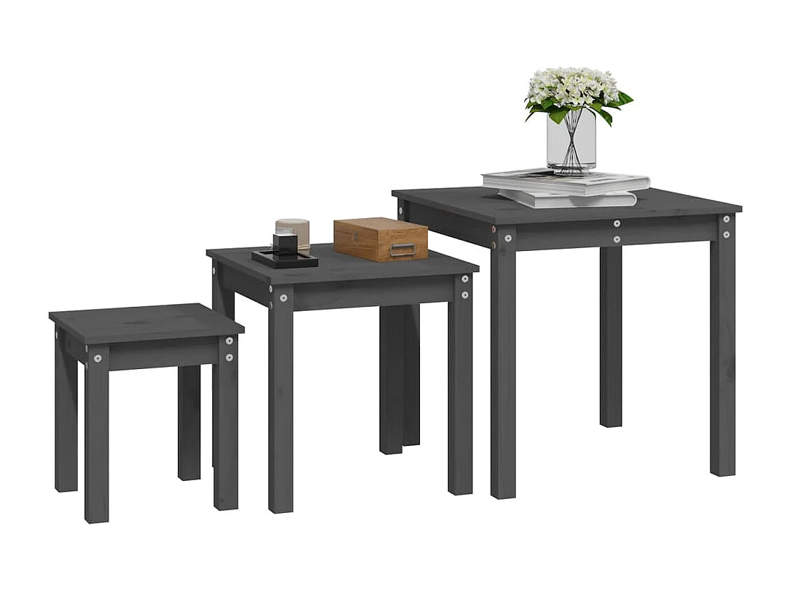 Tables gigognes 3 pcs Gris Bois de pin massif