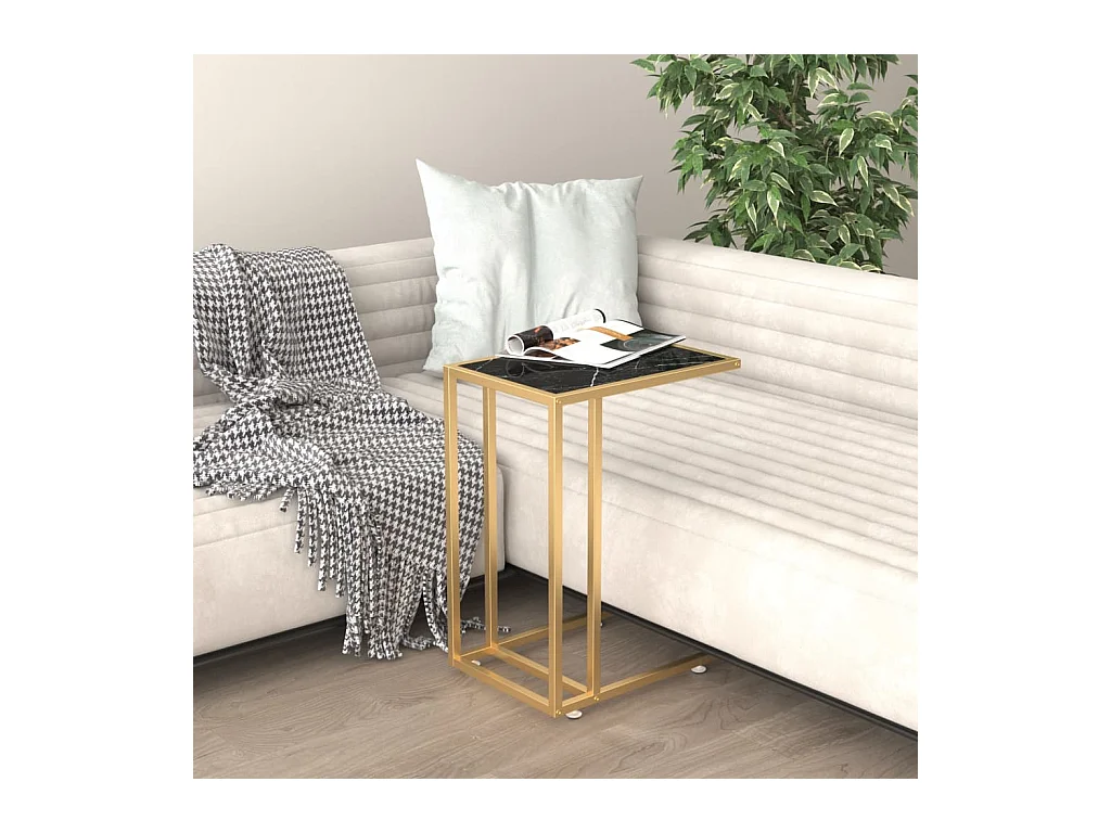 Zwarte marmeren computer bijzettafel 50x35x65 cm gehard glas