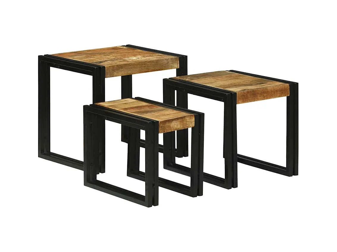 Table Gigogne 3 pcs Marron et noir Bois de manguier brut massif