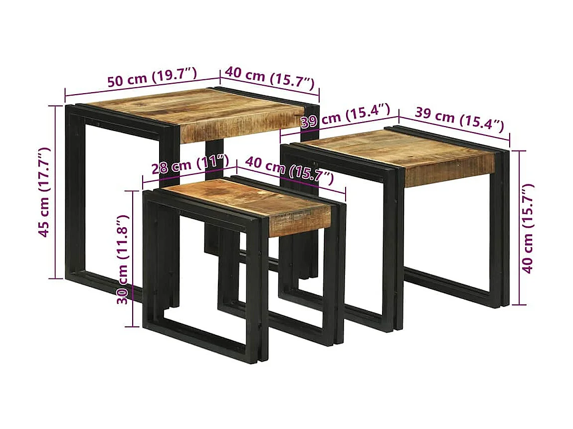 Table Gigogne 3 pcs Marron et noir Bois de manguier brut massif