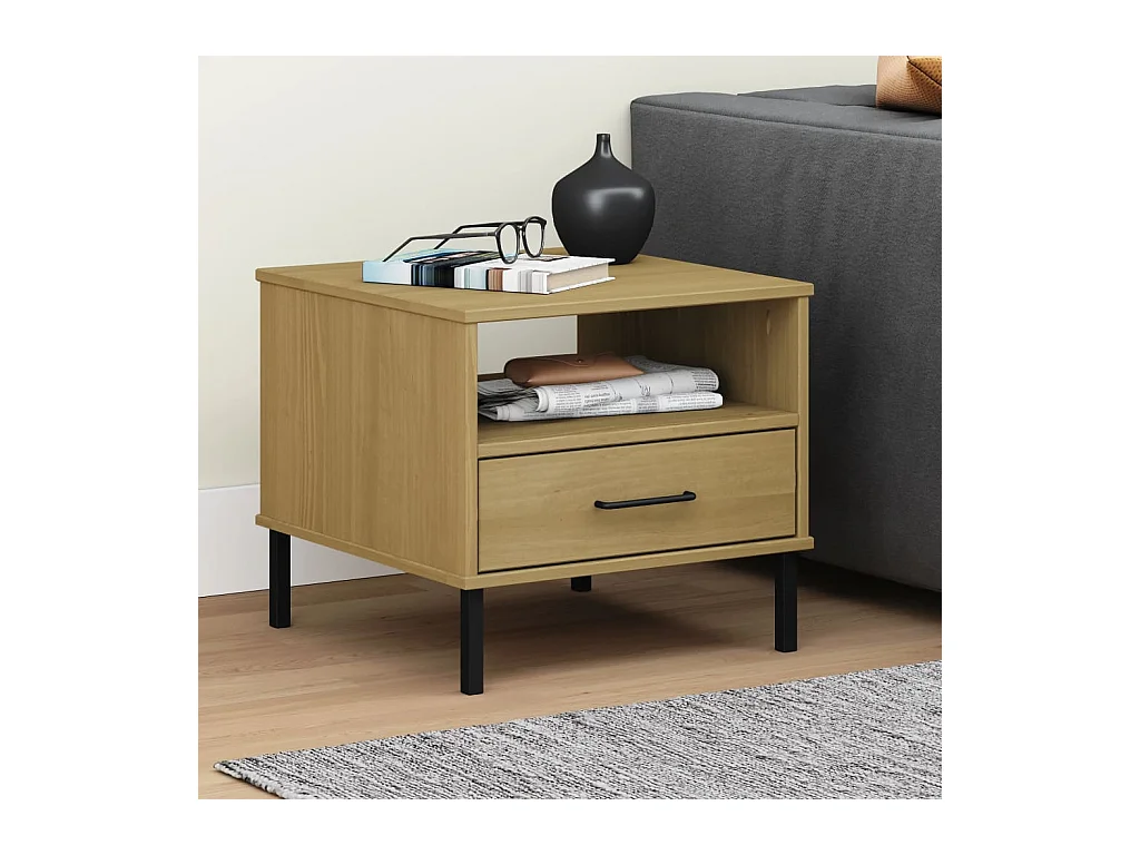 Table de chevet avec pieds en métal Marron Bois pin massif OSLO