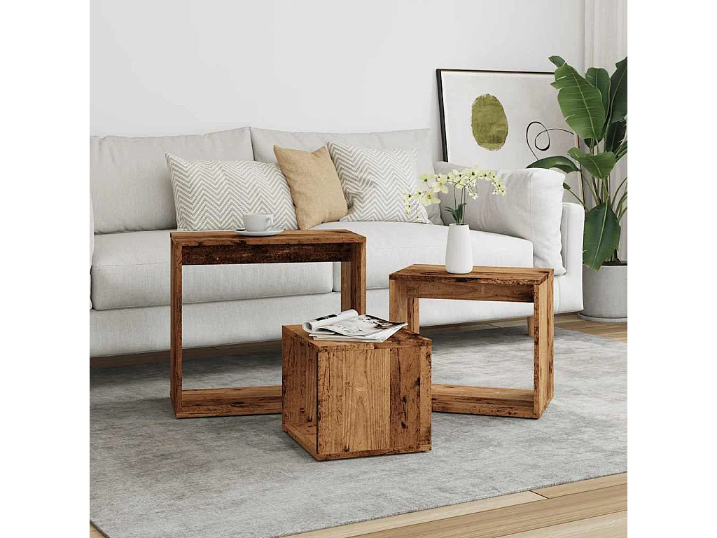 Tavolini impilabili 3 pezzi in legno vecchio e legno ingegnerizzato