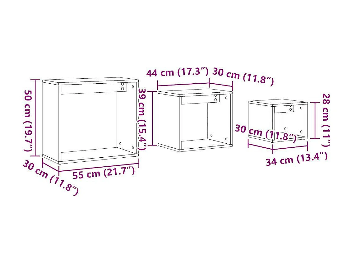 Tavolini impilabili 3 pezzi in legno vecchio e legno ingegnerizzato