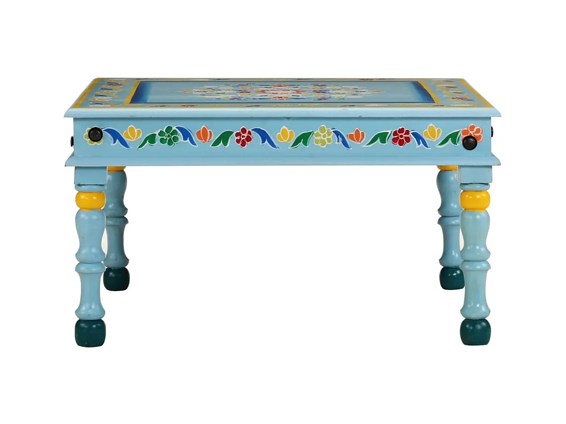 Table basse turquoise bois de manguier massif peint à la main