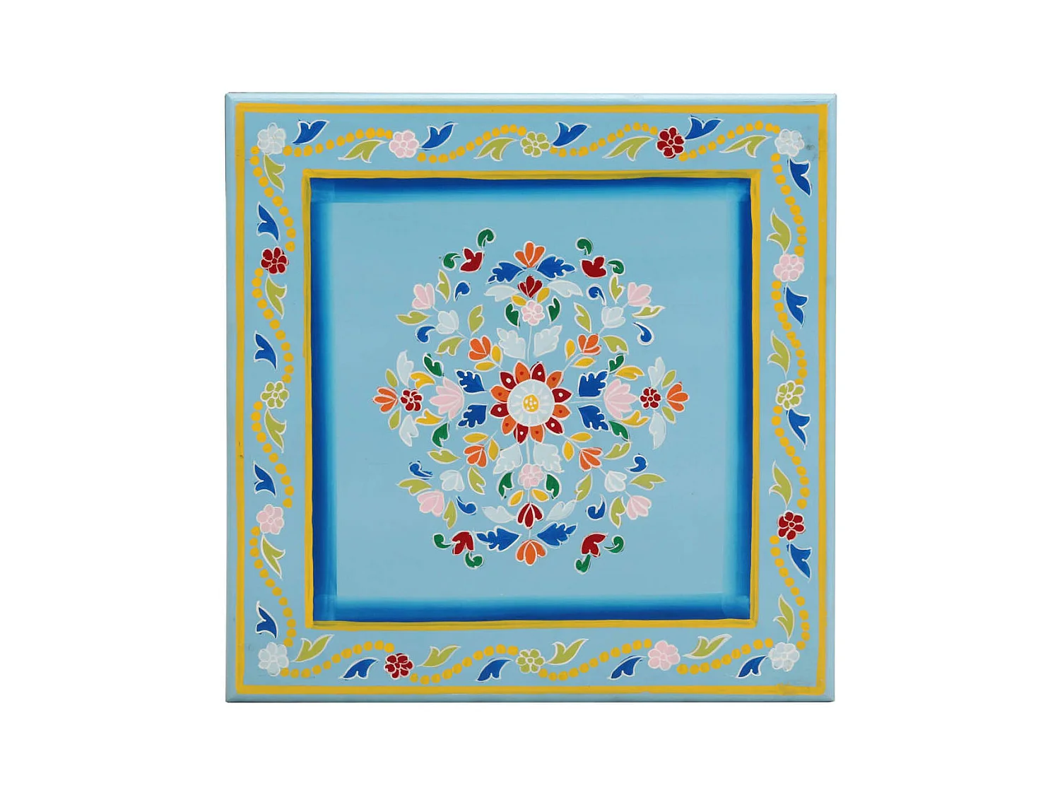 Table basse turquoise bois de manguier massif peint à la main