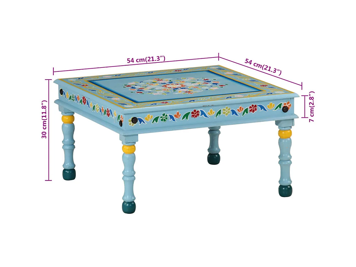 Table basse turquoise bois de manguier massif peint à la main