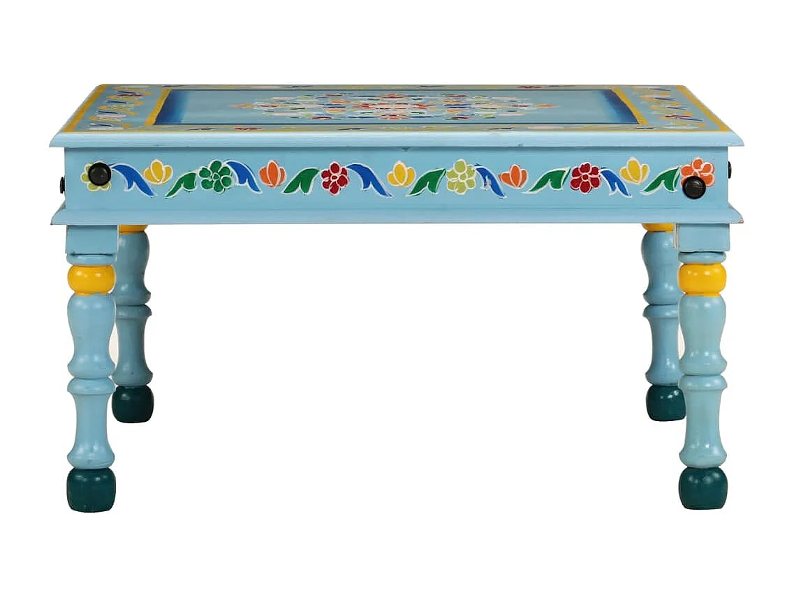 Table basse turquoise bois de manguier massif peint à la main
