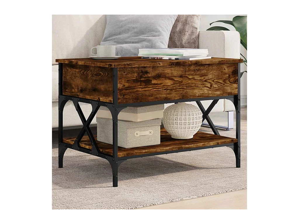 Gerookte eiken salontafel 70x50x50 cm bewerkt hout en metaal