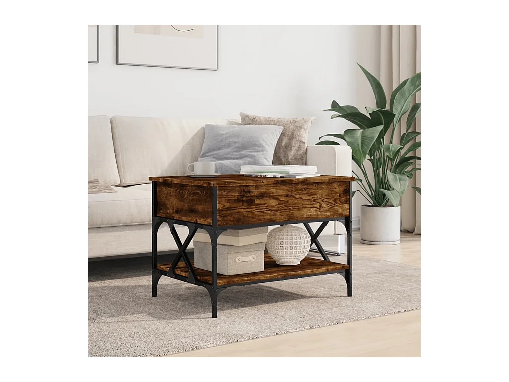 Gerookte eiken salontafel 70x50x50 cm bewerkt hout en metaal