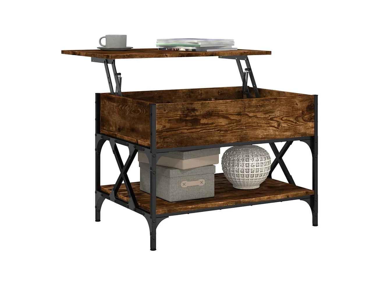 Gerookte eiken salontafel 70x50x50 cm bewerkt hout en metaal