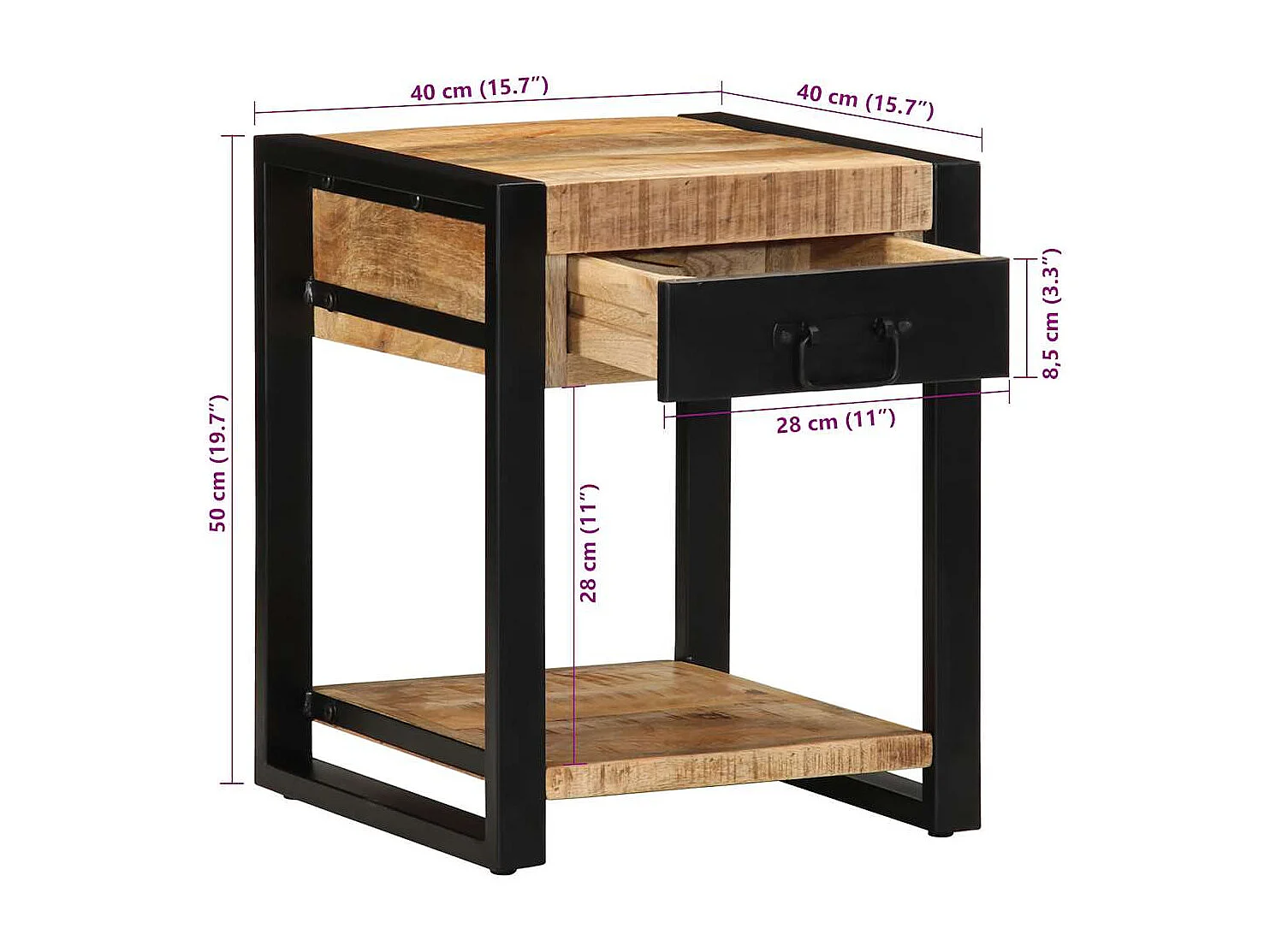 Tavolino laterale 40x40x50 cm in legno massello di mango grezzo