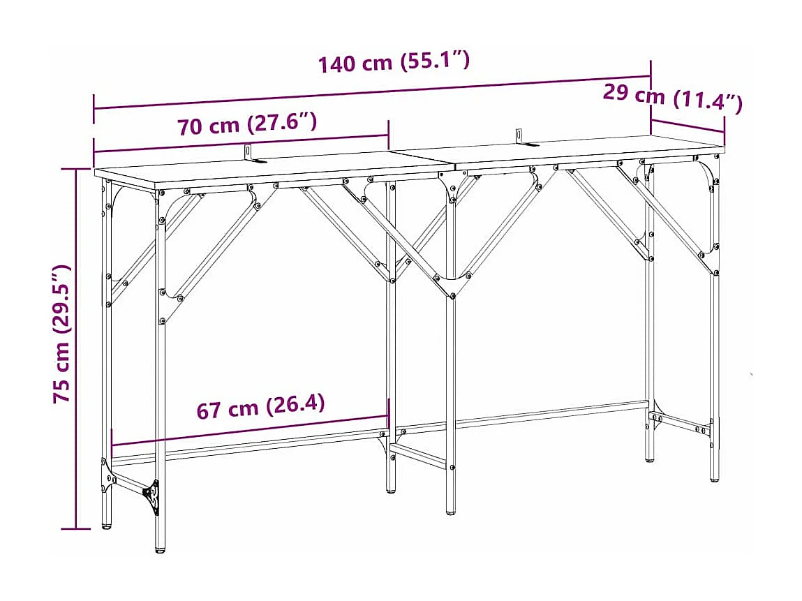 Handgemaakte eiken consoletafel 140 x 29 x 75 cm