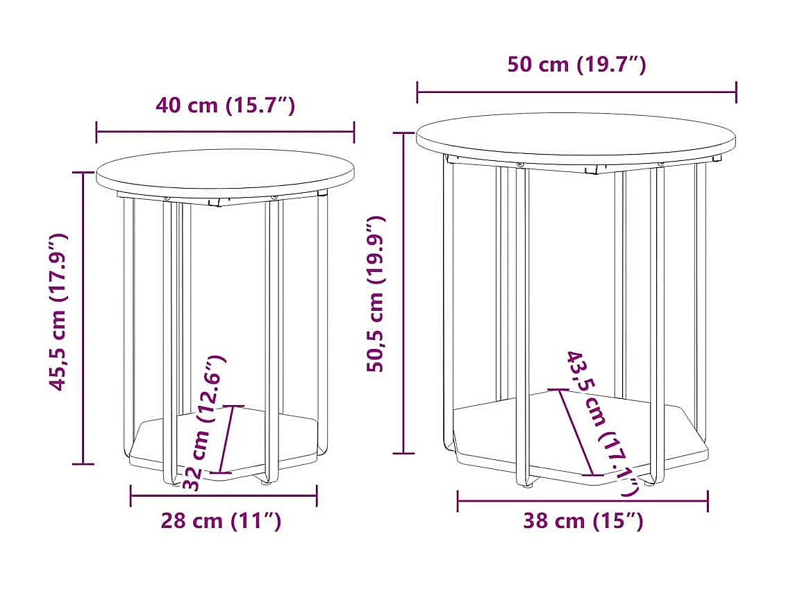 Set di tavolini laterali da 2 pezzi in rovere fumé e nero