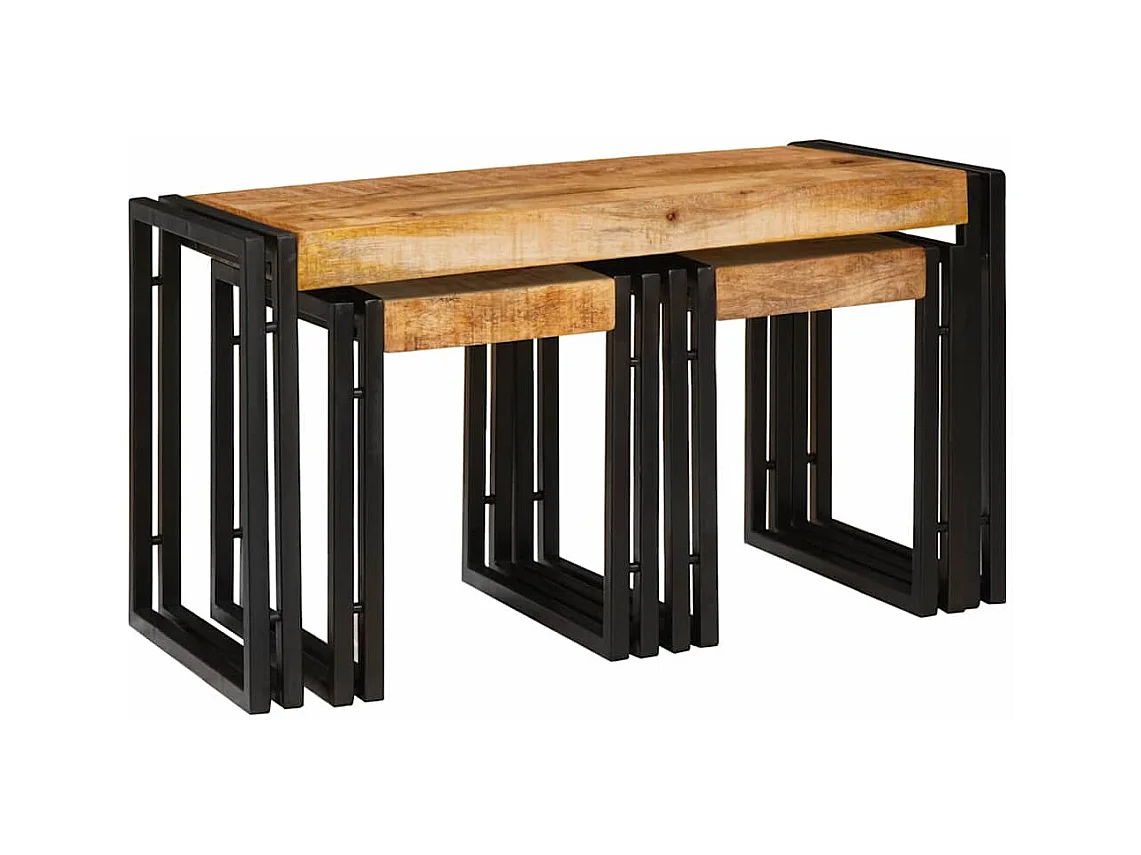 Tavolino impilabile 3 pezzi Legno massello di mango grezzo e metallo