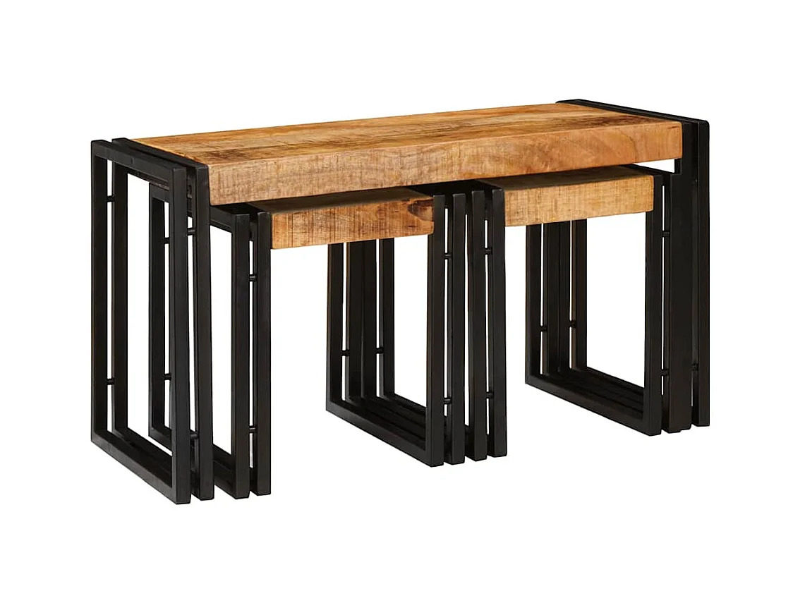 Table Gigogne 3 pcs Bois de mangue solide rugueux et un métal