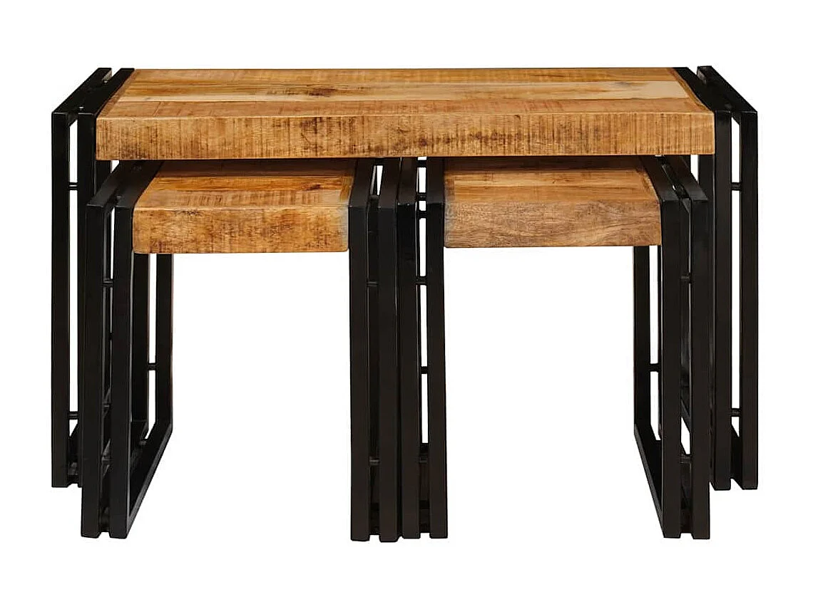 Table Gigogne 3 pcs Bois de mangue solide rugueux et un métal