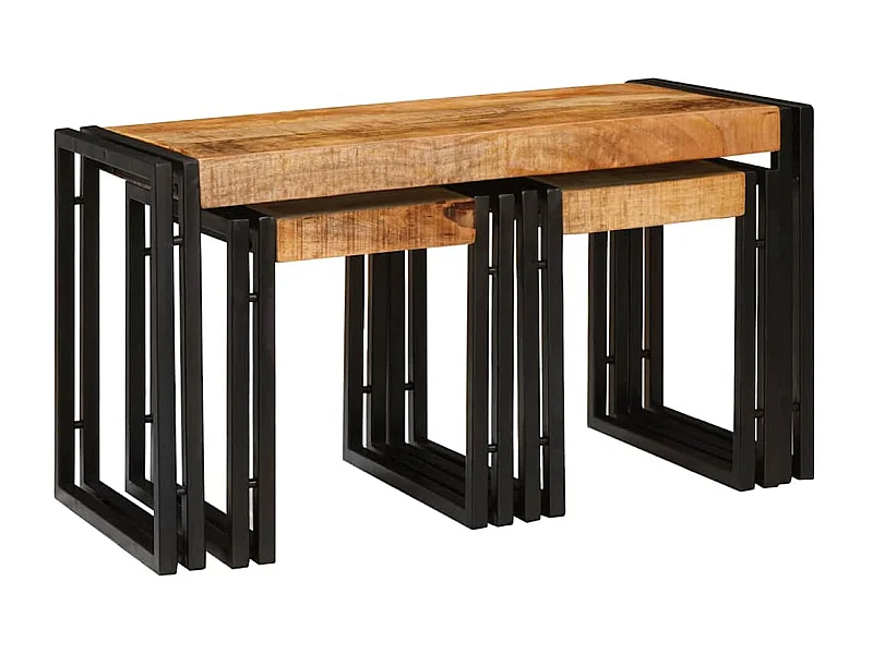 Tavolino impilabile 3 pezzi Legno massello di mango grezzo e metallo