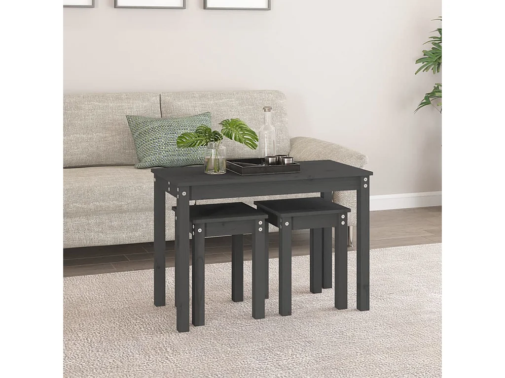 Tables gigognes 3 pcs Gris Bois de pin massif