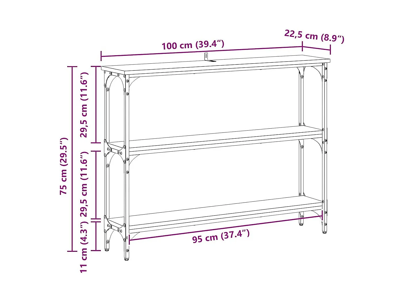 Table console avec étagère chêne artisanal 100 x 22.5 x 75 cm