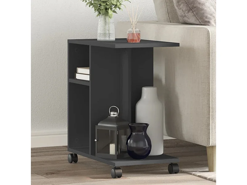 Tavolino laterale con ruote nero 50x30x55 cm in legno ingegnerizzato