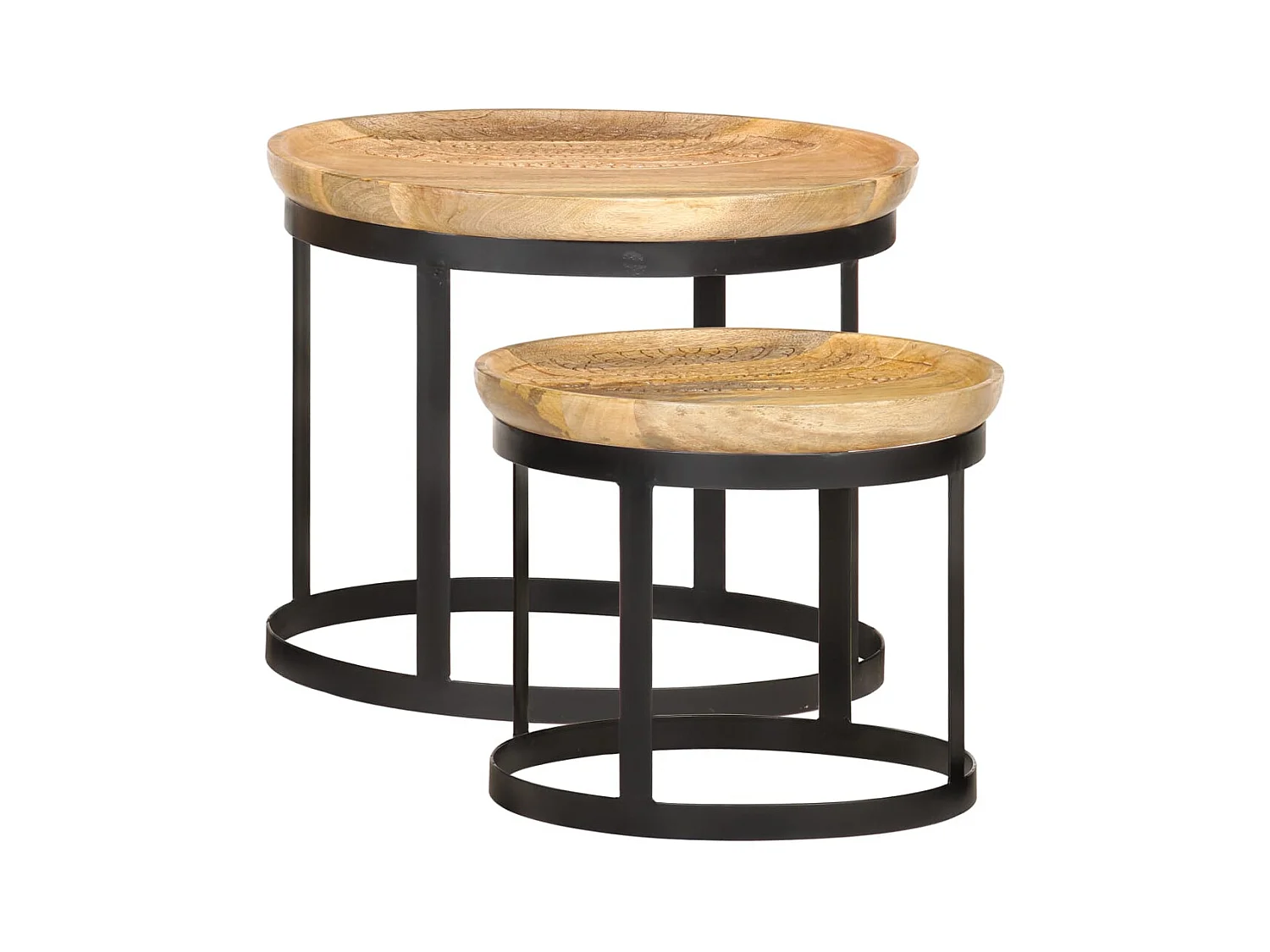 Tavolini rotondi 2 pezzi in legno massello di mango e acciaio