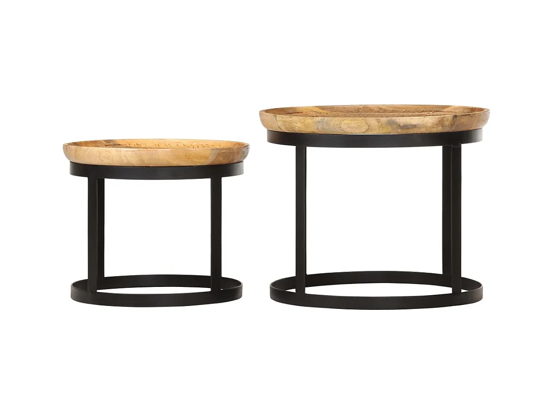 Tavolini rotondi 2 pezzi in legno massello di mango e acciaio