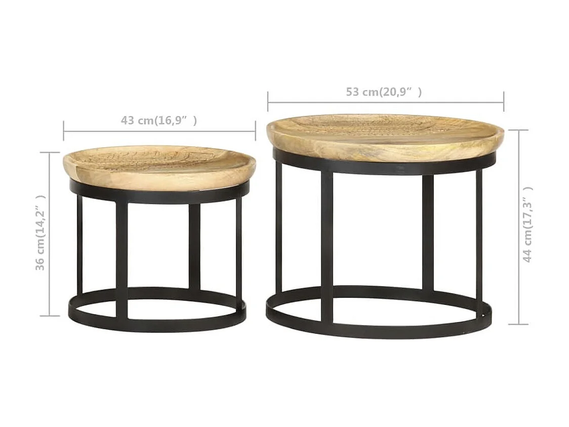 Tables d'appoint rondes 2 pcs Bois de manguier solide et acier
