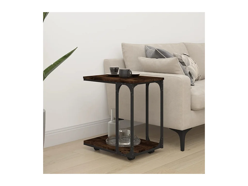 Gerookte Eikenhouten Bijzettafel op Wielen 50x35x55,5 cm