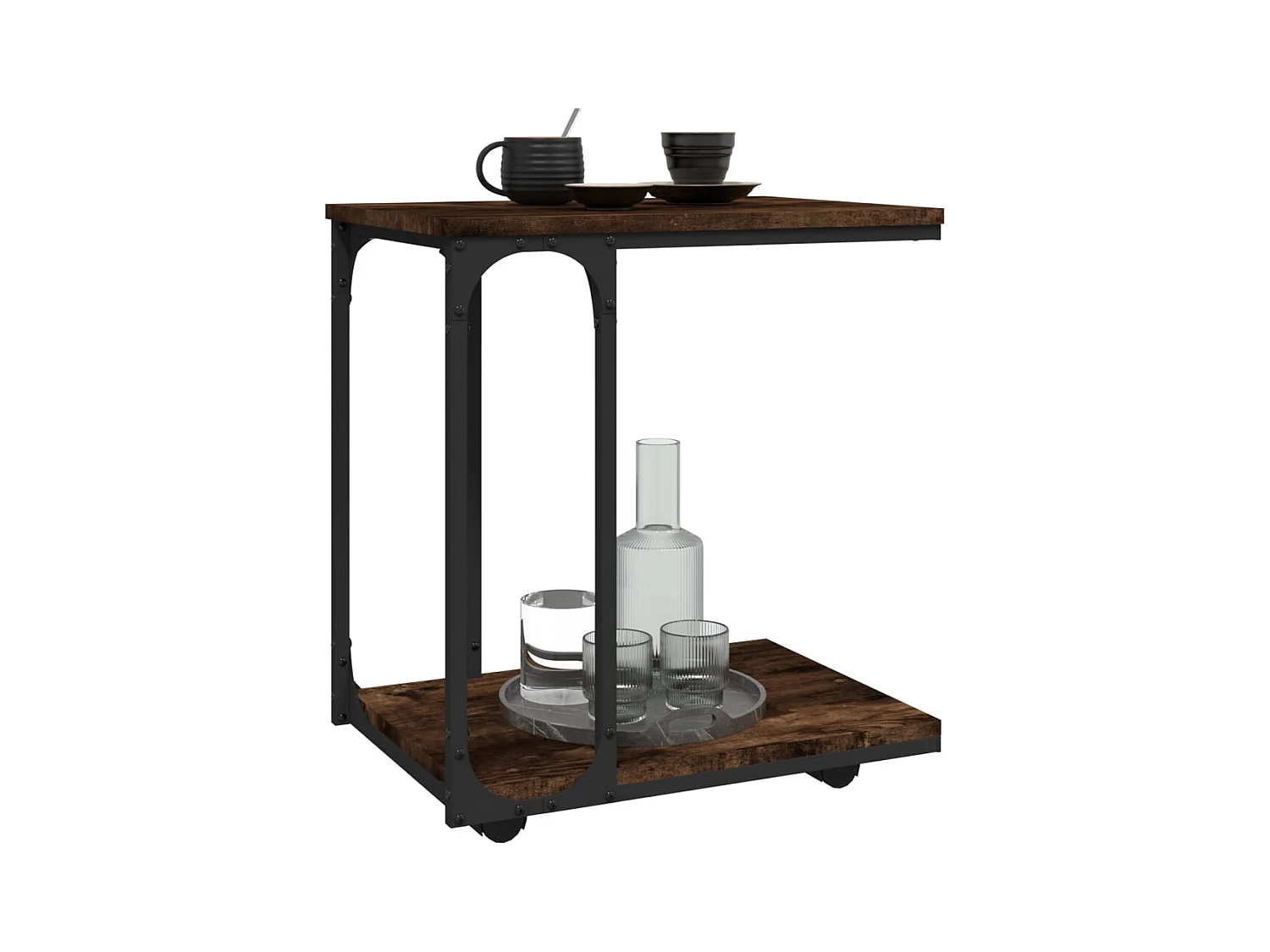 Gerookte Eikenhouten Bijzettafel op Wielen 50x35x55,5 cm