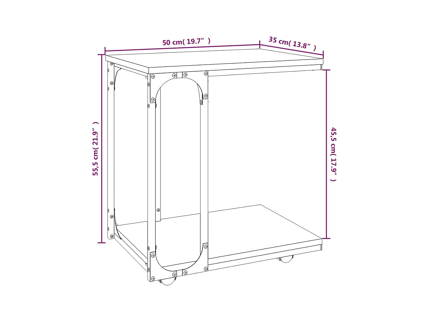 Gerookte Eikenhouten Bijzettafel op Wielen 50x35x55,5 cm