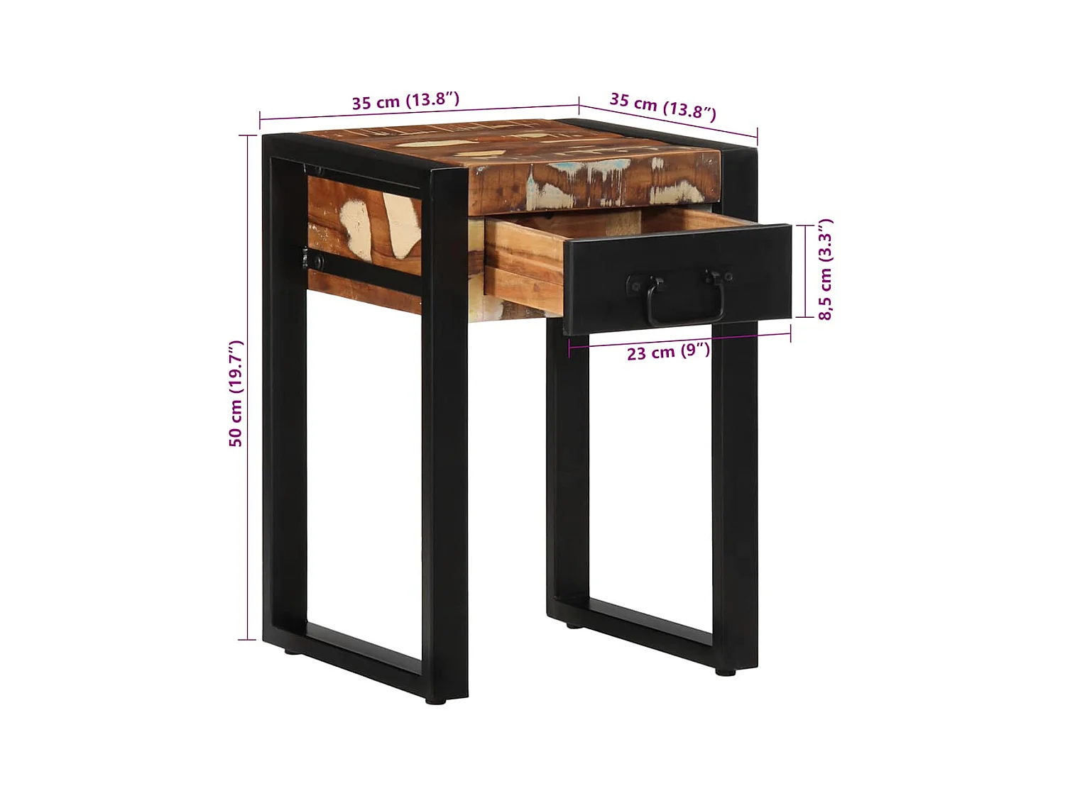 Table d'appoint multicolore 35x35x50cm bois massif récupération