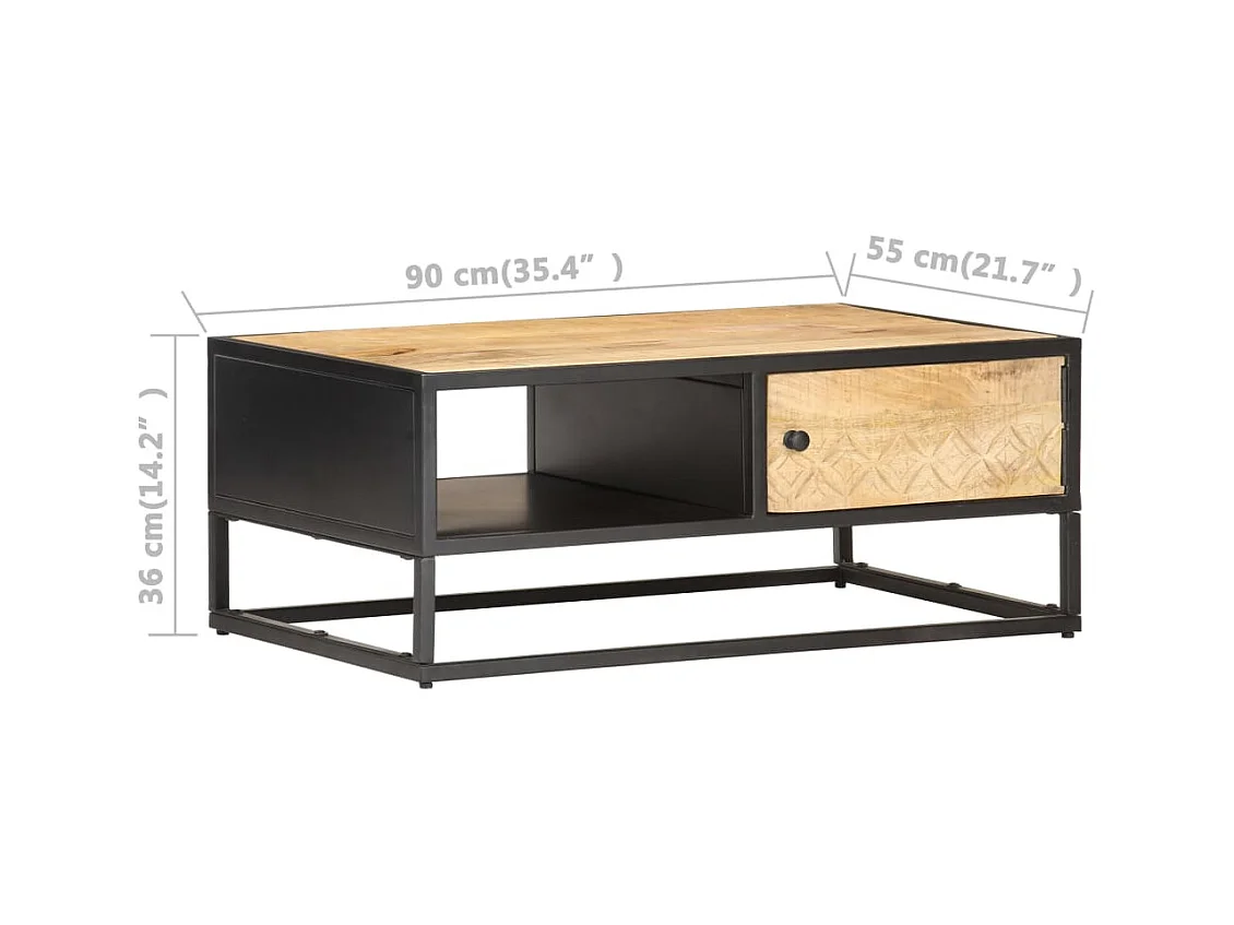 Table basse à porte sculptée 90x55x36 cm Bois de manguier brut